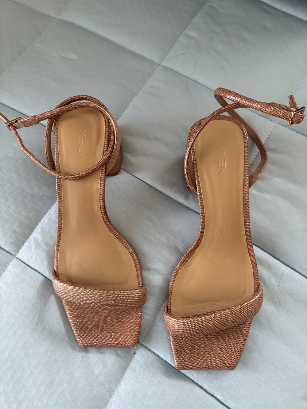 ME+EM Rose Gold Metallic Square-Toe Ankle-Strap Block Heels